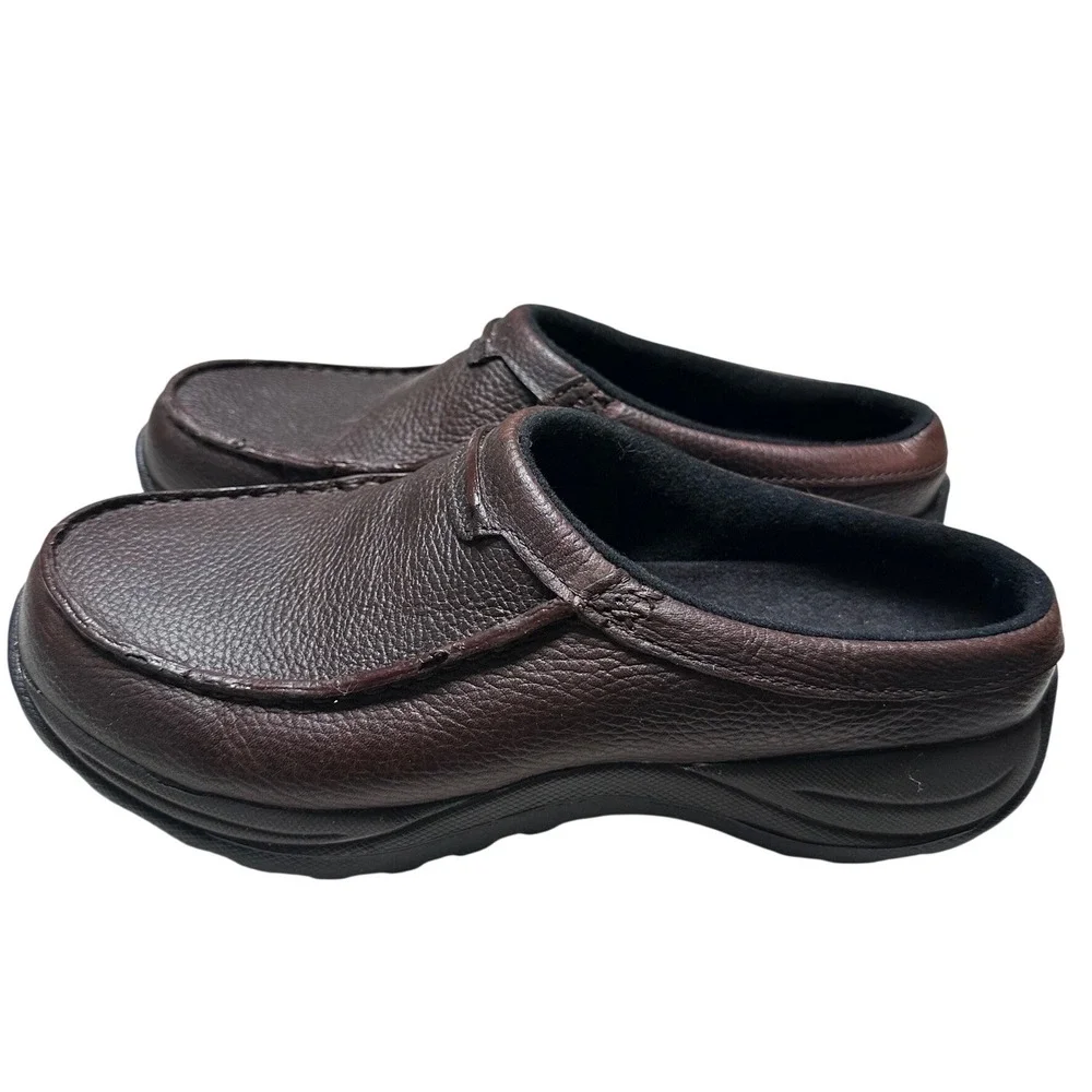LL Bean Comfort Mocs Mens 9 Brown Tumbled Leather Slip On Mule Shoes 268224